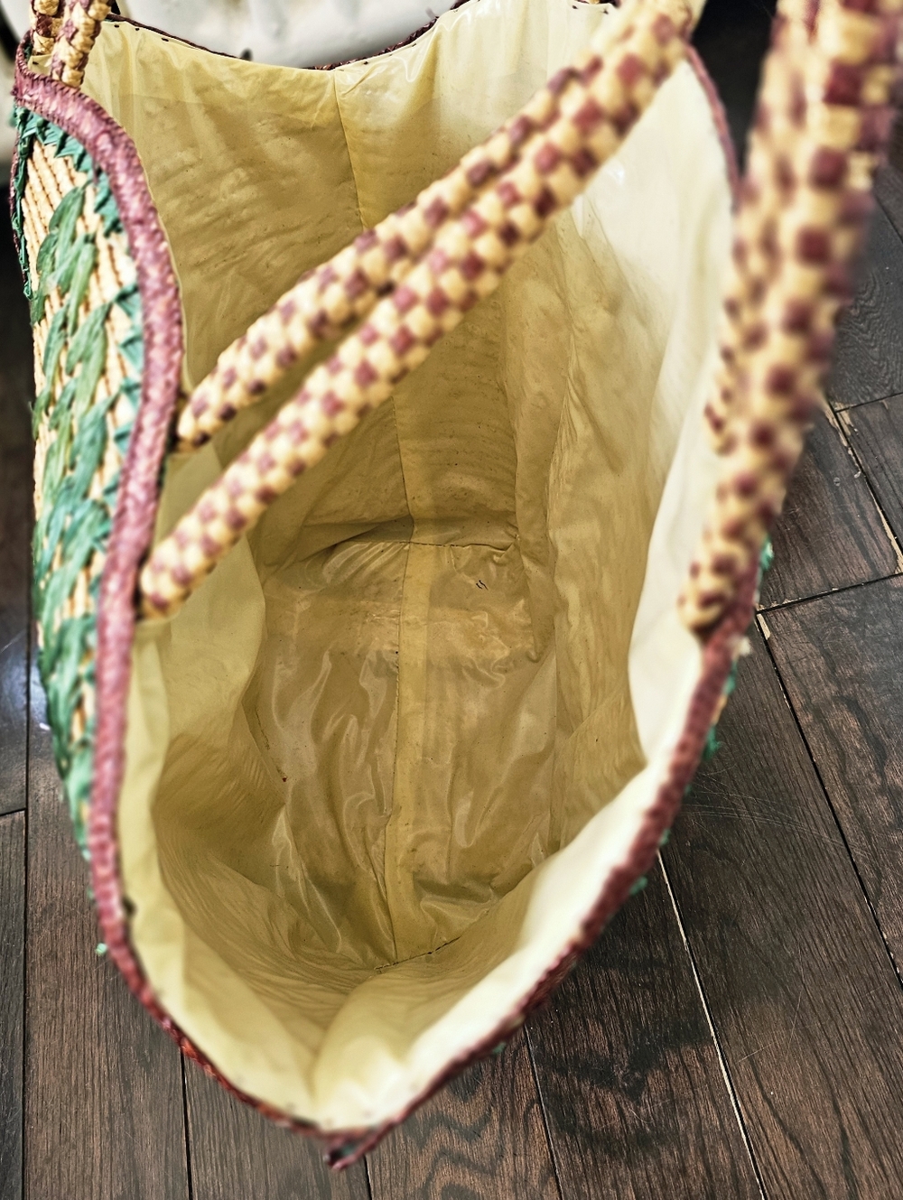Vintage 1970s Embroidered Straw Tote Bag Beach Bag Bird & Willow Tree - Picture 9 of 14